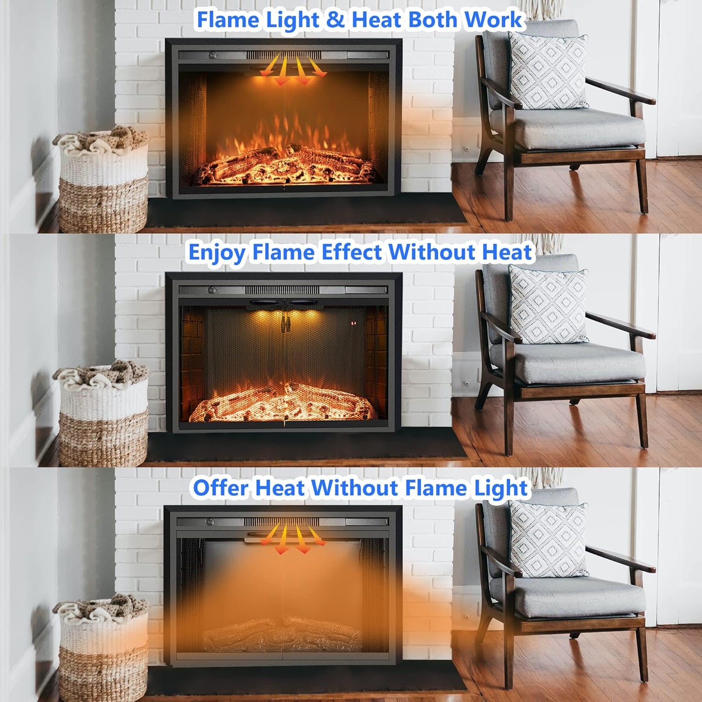30 Inches Electric Fireplace Insert, 750W/1500W Fireplace Heater with Adjustable Flame and Top Light Colors, Fire Crackling Sound, Remote Control, Timer, Glass Door & Mesh Screen, Black - Kentsky