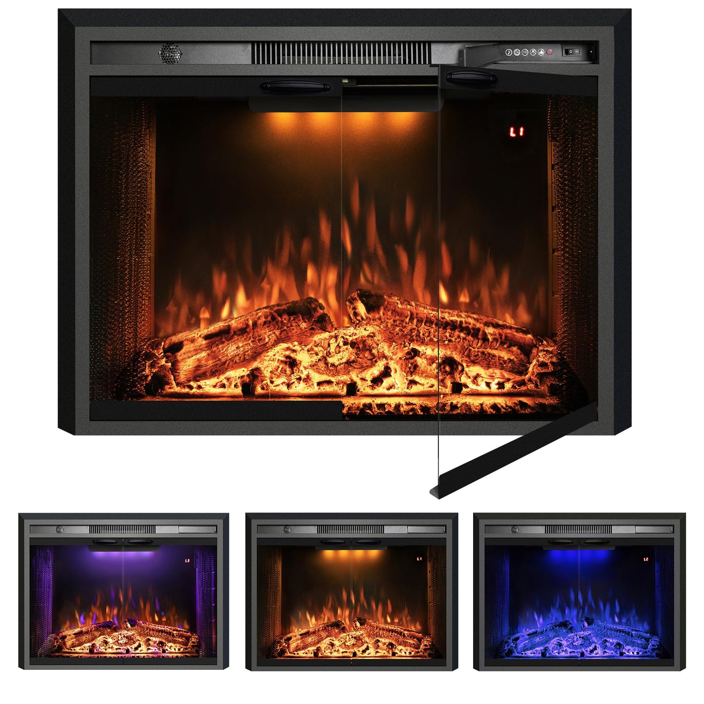 30 Inches Electric Fireplace Insert, 750W/1500W Fireplace Heater with Adjustable Flame and Top Light Colors, Fire Crackling Sound, Remote Control, Timer, Glass Door & Mesh Screen, Black - Kentsky
