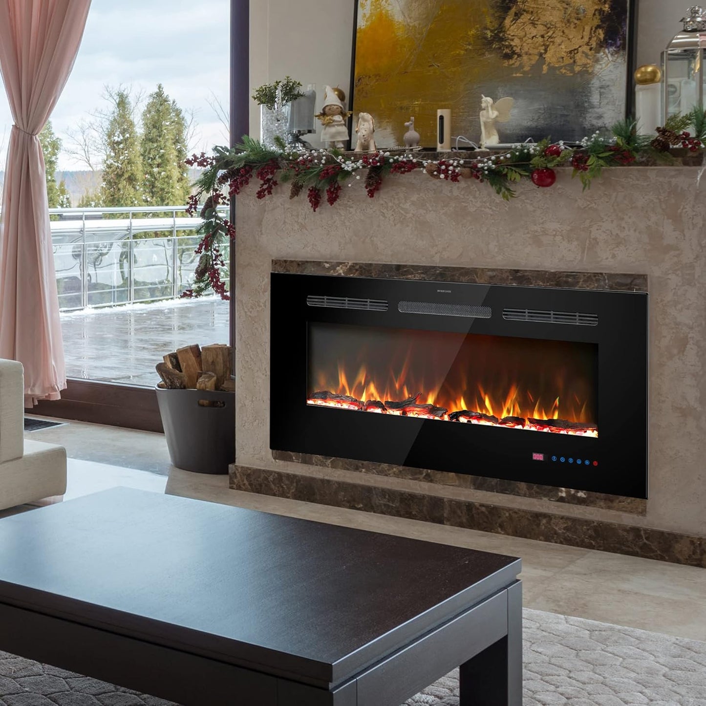 54 inches Electric Fireplace Inserts, Recessed and Wall Mounted Fireplace Heater, Linear Fireplace w/Thermostat, Remote & Touch Screen, Multicolor Flame, Timer, Log & Crystal, 750W/1500W - Kentsky