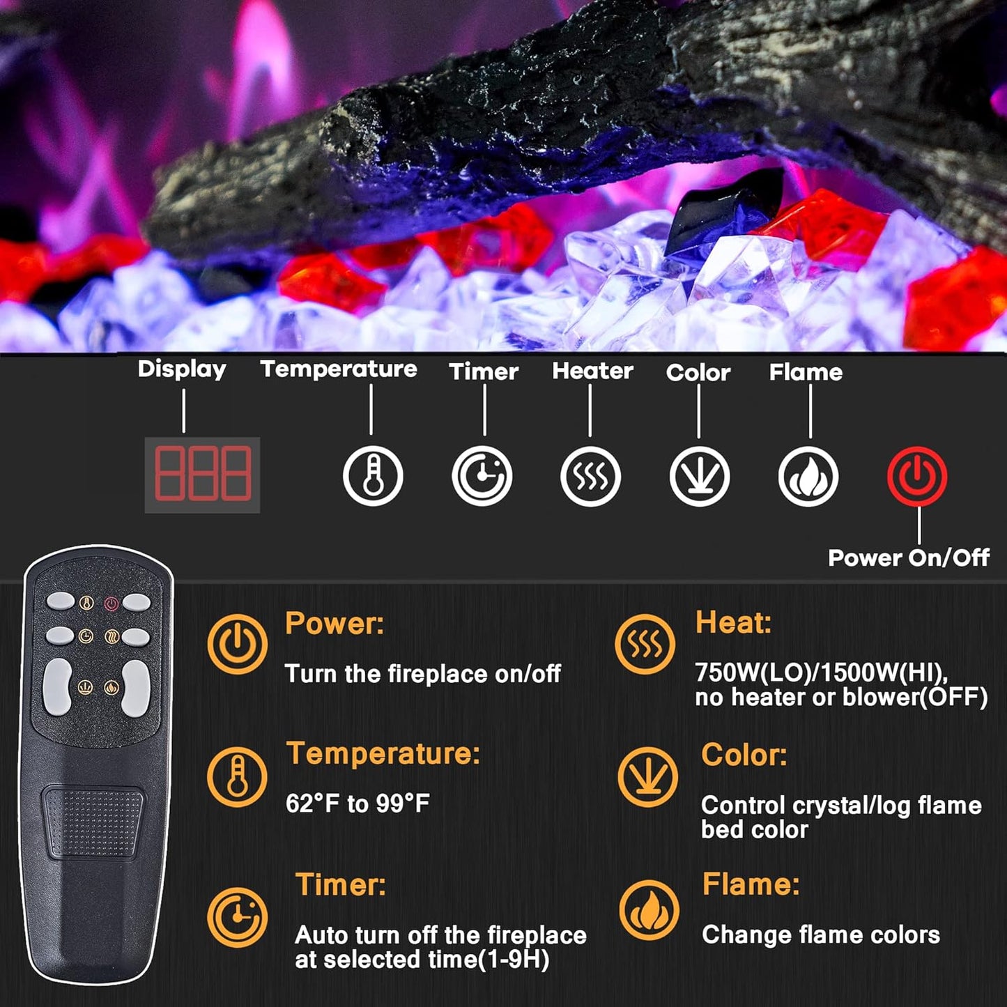 54 inches Electric Fireplace Inserts, Recessed and Wall Mounted Fireplace Heater, Linear Fireplace w/Thermostat, Remote & Touch Screen, Multicolor Flame, Timer, Log & Crystal, 750W/1500W - Kentsky