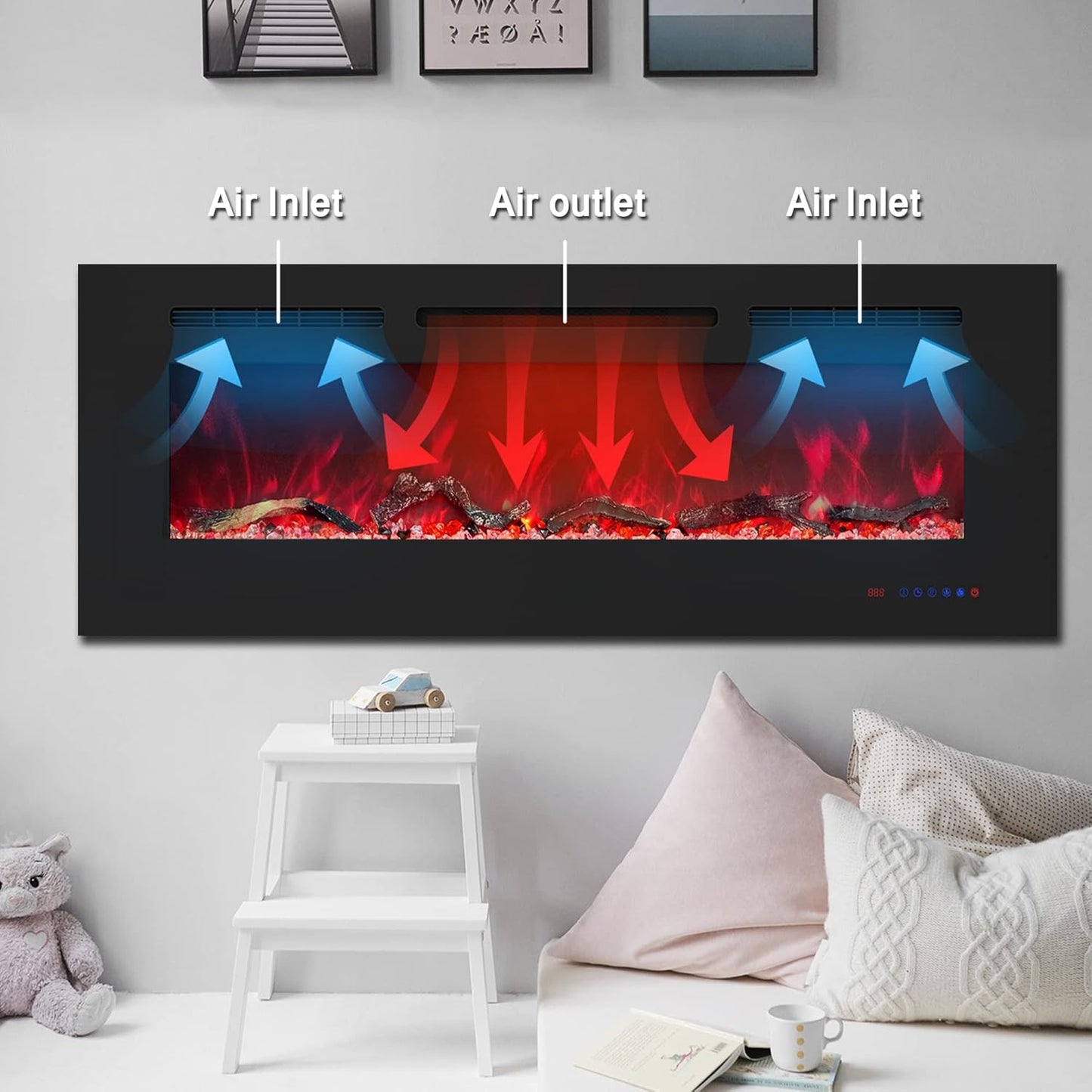 54 inches Electric Fireplace Inserts, Recessed and Wall Mounted Fireplace Heater, Linear Fireplace w/Thermostat, Remote & Touch Screen, Multicolor Flame, Timer, Log & Crystal, 750W/1500W - Kentsky