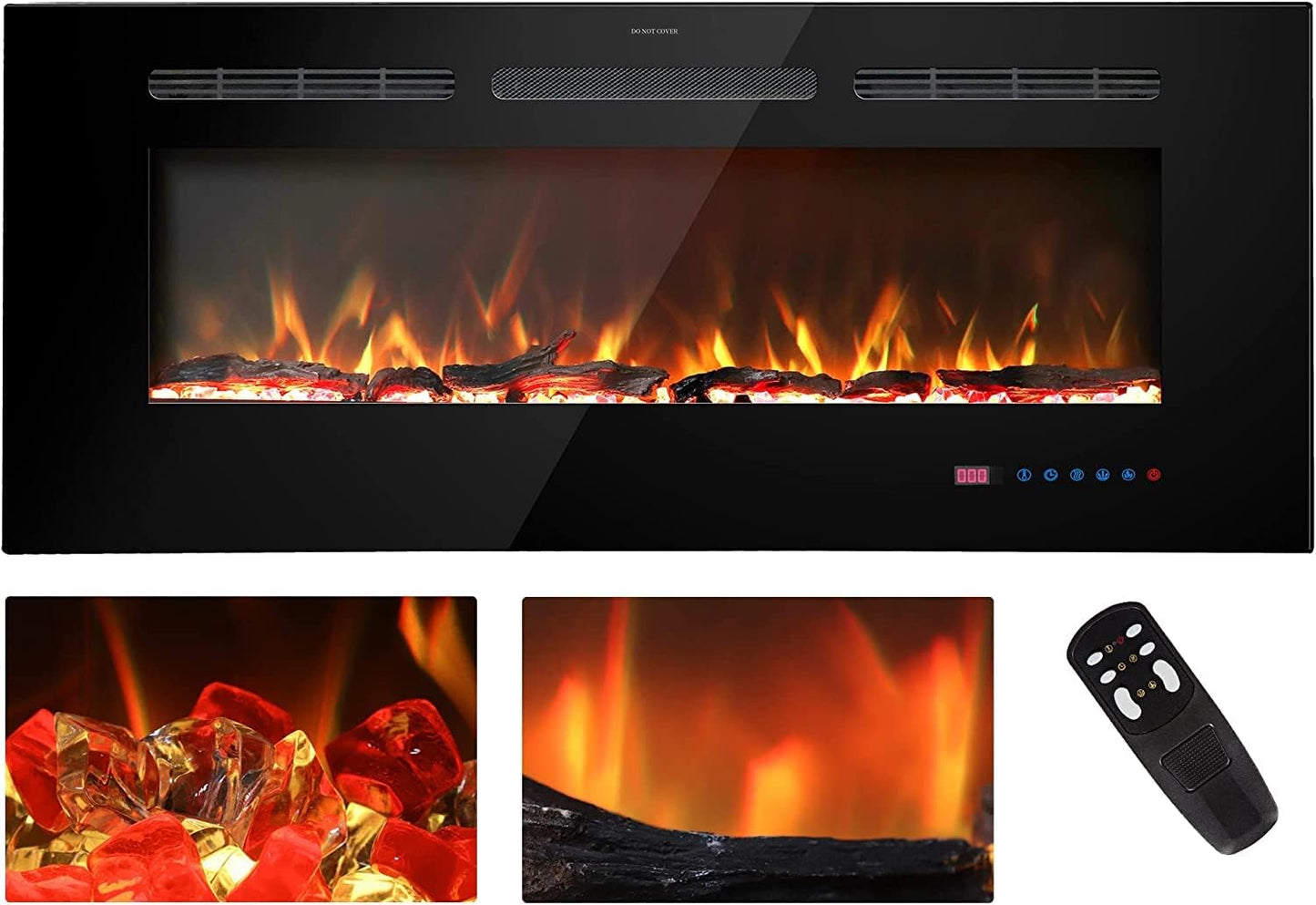 54 inches Electric Fireplace Inserts, Recessed and Wall Mounted Fireplace Heater, Linear Fireplace w/Thermostat, Remote & Touch Screen, Multicolor Flame, Timer, Log & Crystal, 750W/1500W - Kentsky