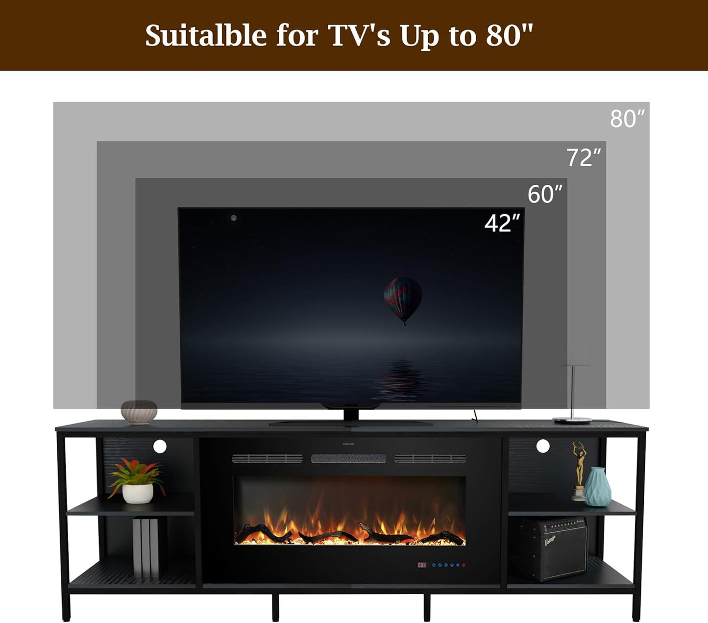 Fireplace TV Stand with 36" Electric Fireplace, 70" Industrial Entertainment Center with Metal Frame, Media TV Cabinet for TVs Up to 80", 750W/1500W, Thermostat, 13 Flame Colors, Black