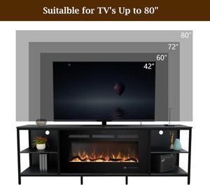 Fireplace TV Stand with 36" Electric Fireplace, 70" Industrial Entertainment Center with Metal Frame, Media TV Cabinet for TVs Up to 80", 750W/1500W, Thermostat, 13 Flame Colors, Black