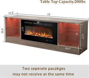 72" Fireplace TV Stand, Entertainment Center with 36" Electric Fireplace, LED Light Wood Storage Cabinet Table, Media Console for TVs Up to 80", Thermostat, 13 Flame Colors, Grey