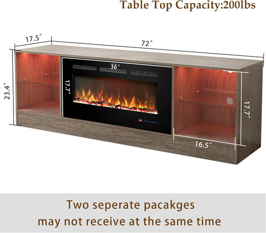 72" Fireplace TV Stand, Entertainment Center with 36" Electric Fireplace, LED Light Wood Storage Cabinet Table, Media Console for TVs Up to 80", Thermostat, 13 Flame Colors, Grey