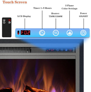 Electric Fireplace Insert with Metal Trim Kit, Overall Installed Size 40" W x 30" H, Fireplace Heater with Adjustable Flames, 1-9 Hour Timer, Remote & Touch Screen, 750W/1500W