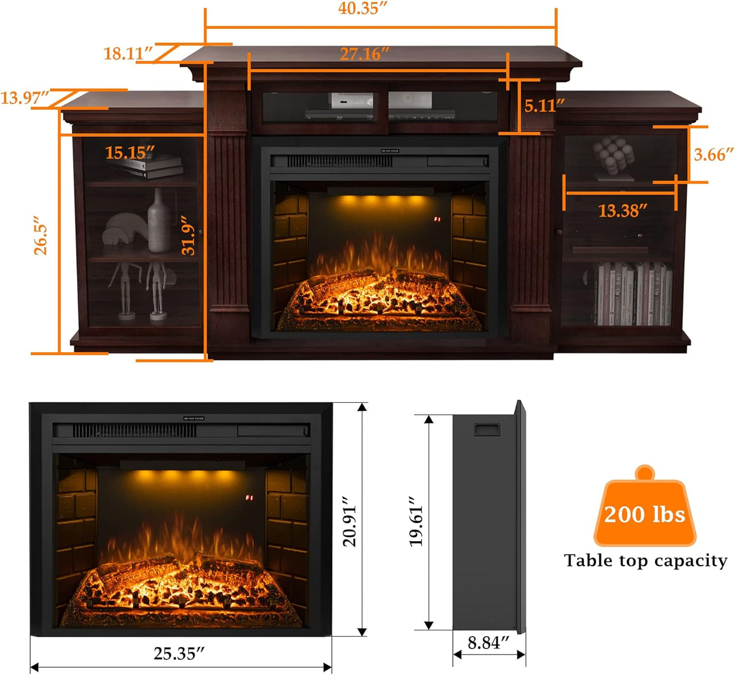 67 Inch Electric Fireplace TV Stand, Wood Media Entertainment Center Table with Storage Cabinet & Adjustable Shelves, 25" Fireplace Insert Adjustable Flame, Crackling Sound (Brown)