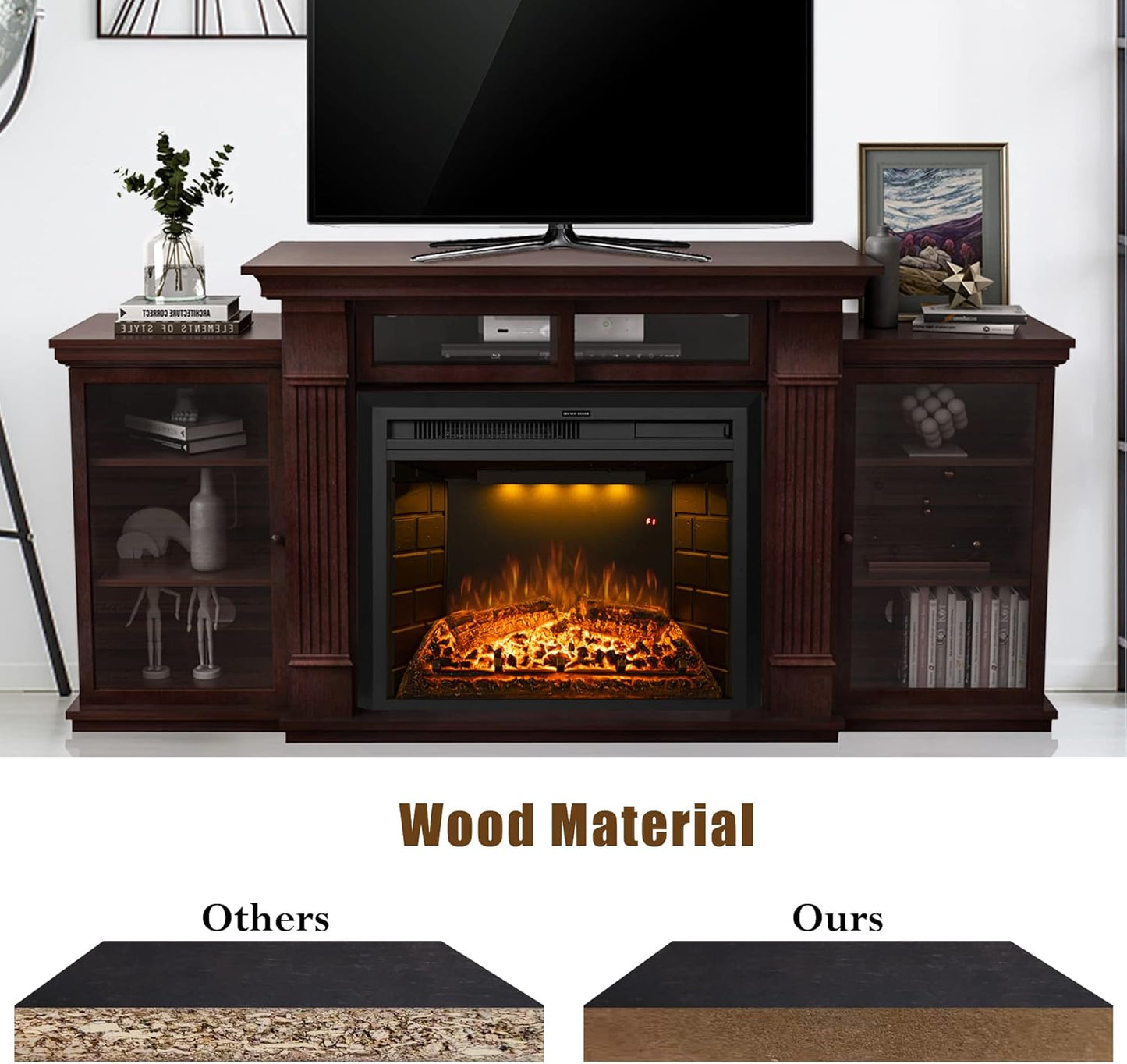 67 Inch Electric Fireplace TV Stand, Wood Media Entertainment Center Table with Storage Cabinet & Adjustable Shelves, 25" Fireplace Insert Adjustable Flame, Crackling Sound (Brown)