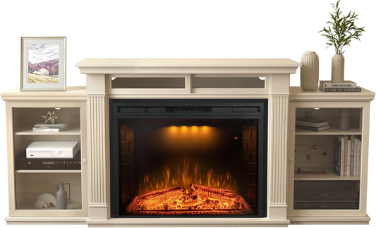 84 Inch Electric Fireplace TV Stand, Wood Media Entertainment Center Table with Storage Cabinet & Adjustable Shelves, 36" Fireplace Insert w/Adjustable Flame, Crackling Sound, Beige