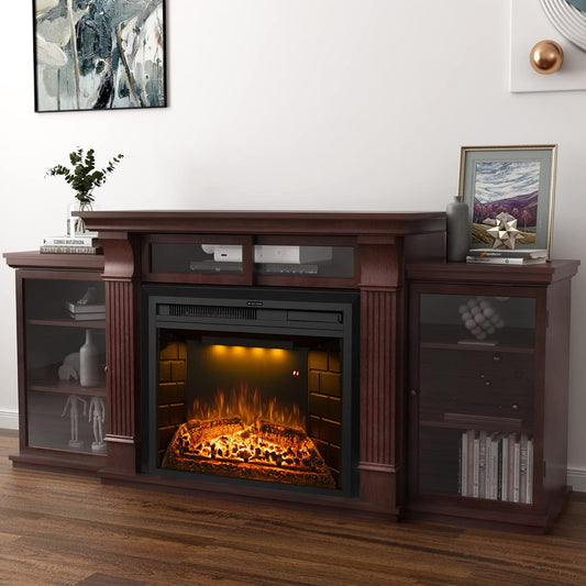 67 Inch Electric Fireplace TV Stand, Wood Media Entertainment Center Table with Storage Cabinet & Adjustable Shelves, 25" Fireplace Insert Adjustable Flame, Crackling Sound (Brown)