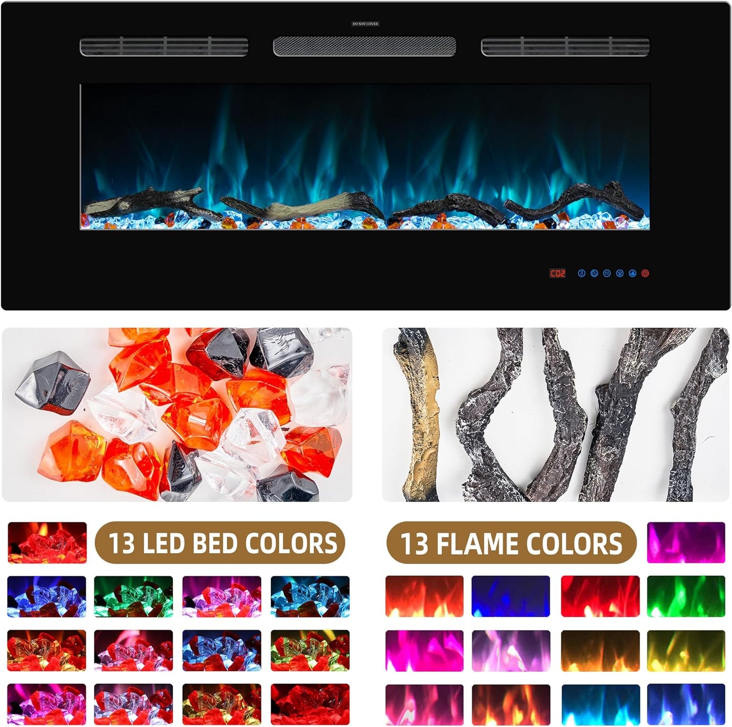 45 inches Electric Fireplace Inserts, Recessed and Wall Mounted Fireplace Heater, Linear Fireplace w/Thermostat, Remote & Touch Screen, Multicolor Flame, Timer, Log & Crystal, 750W/1500W