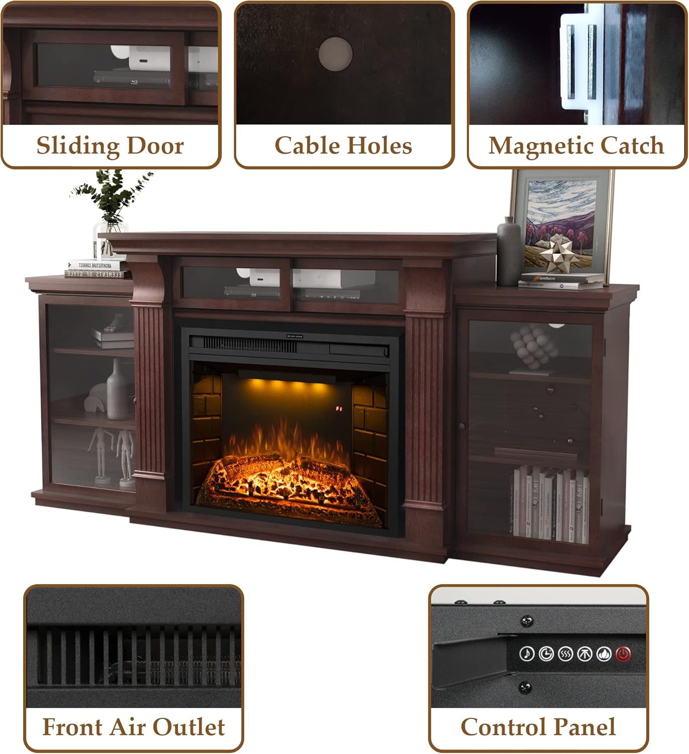 67 Inch Electric Fireplace TV Stand, Wood Media Entertainment Center Table with Storage Cabinet & Adjustable Shelves, 25" Fireplace Insert Adjustable Flame, Crackling Sound (Brown)