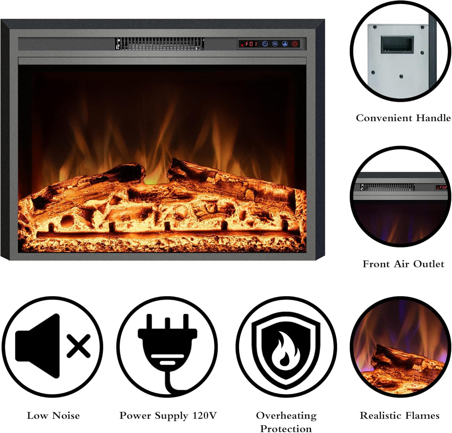 Electric Fireplace, 25" Electric Fireplace Inserts, Recessed Fireplace Heater with Remote Control, Adjustable Flame Colors, Timer&Overheating Protection, 750/1500W - Kentsky