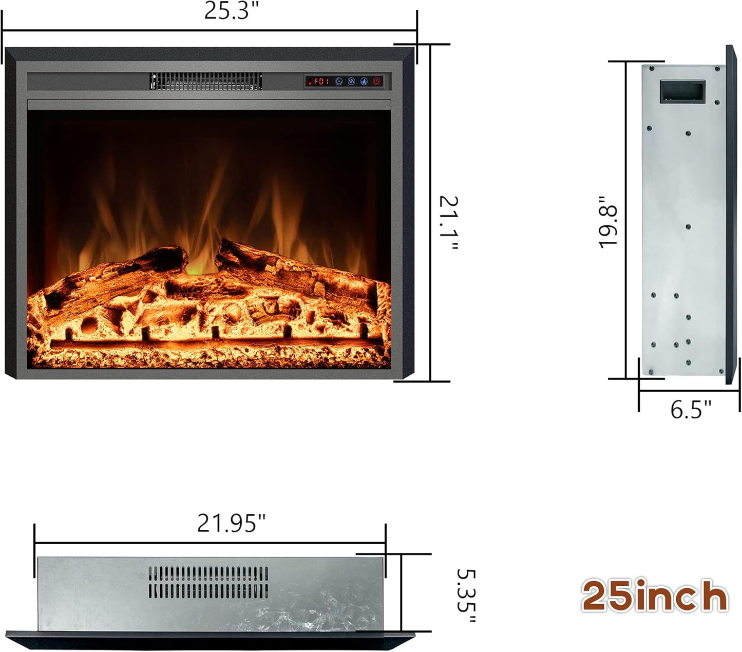Electric Fireplace Insert - 3 Flame Colors, 750W/1500W, Timer, Black - Kentsky