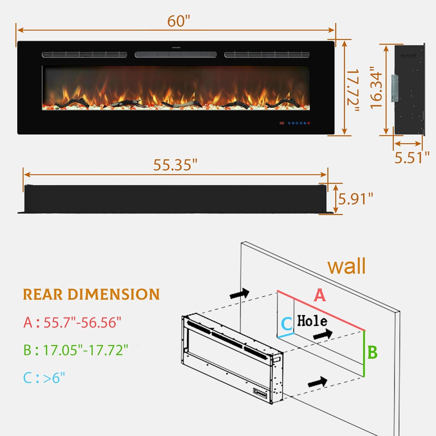 Electric Fireplace Insert - 3 Flame Colors, 750W/1500W, Timer, Black - Kentsky