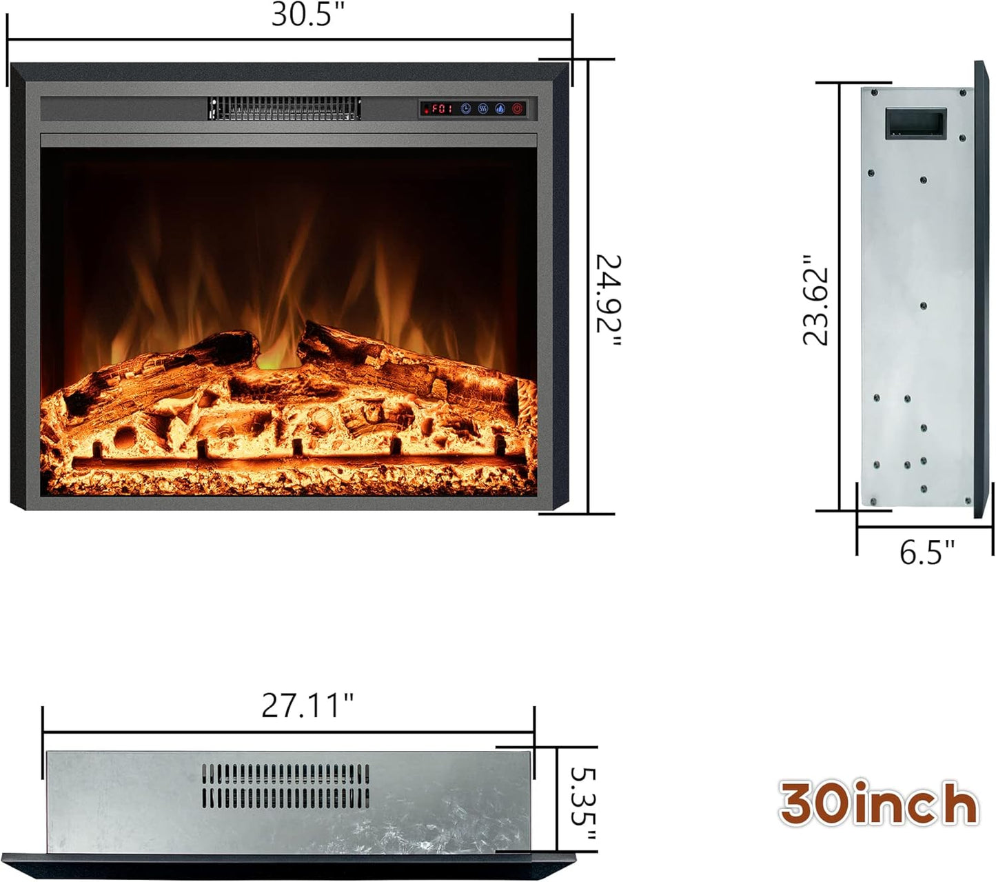 Electric Fireplace Insert - 3 Flame Colors, 750W/1500W, Timer, Black - Kentsky