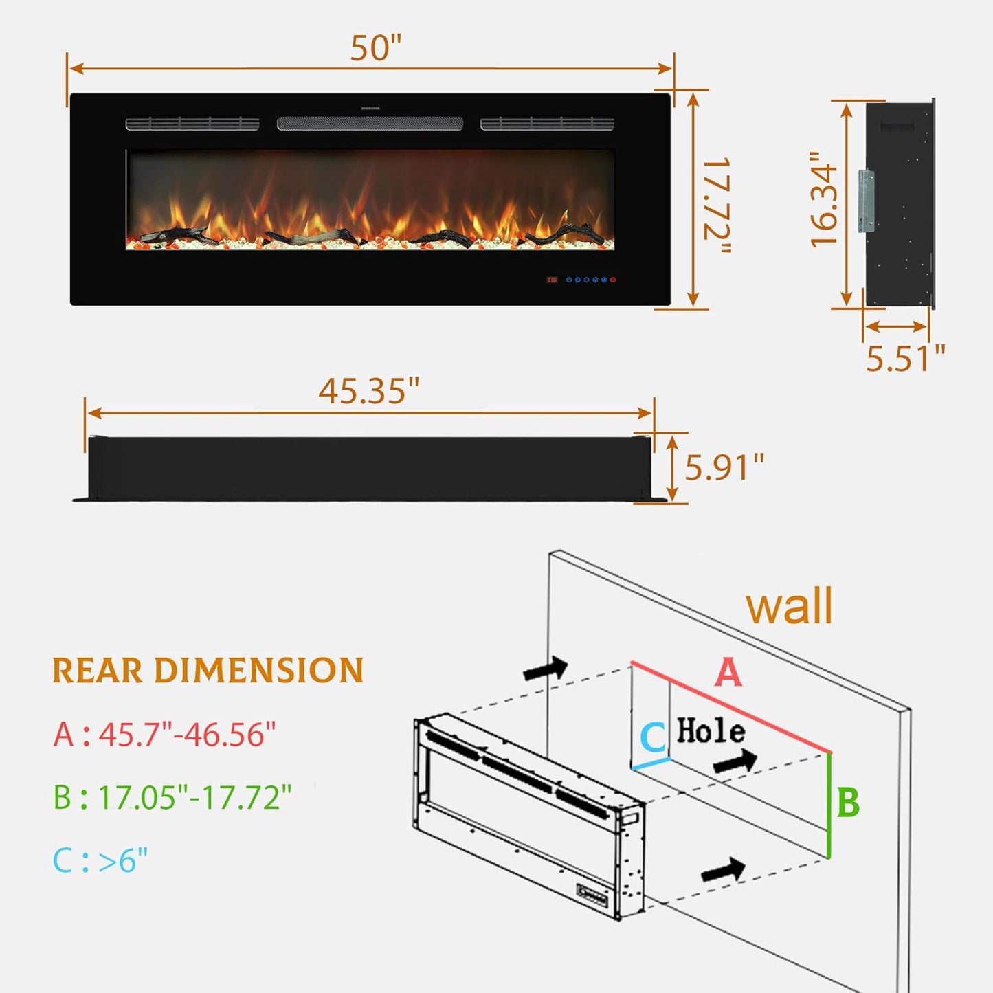Electric Fireplace Insert - 3 Flame Colors, 750W/1500W, Timer, Black - Kentsky