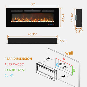 Electric Fireplace Insert - 3 Flame Colors, 750W/1500W, Timer, Black - Kentsky