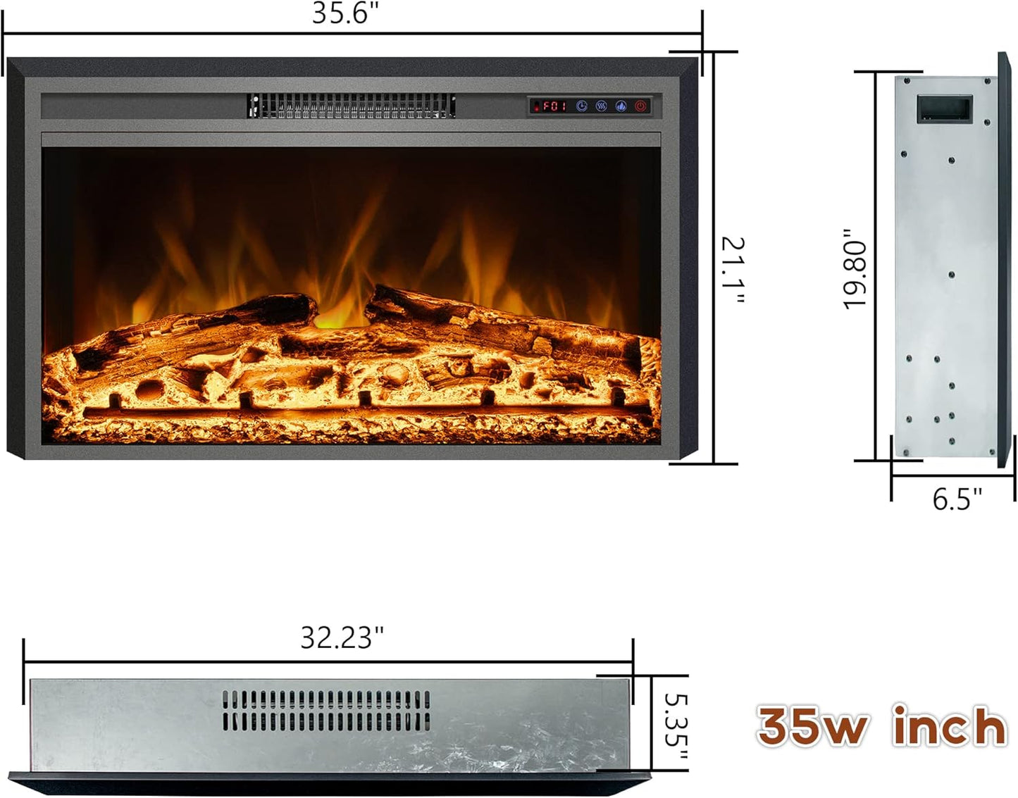 Electric Fireplace Insert - 3 Flame Colors, 750W/1500W, Timer, Black - Kentsky