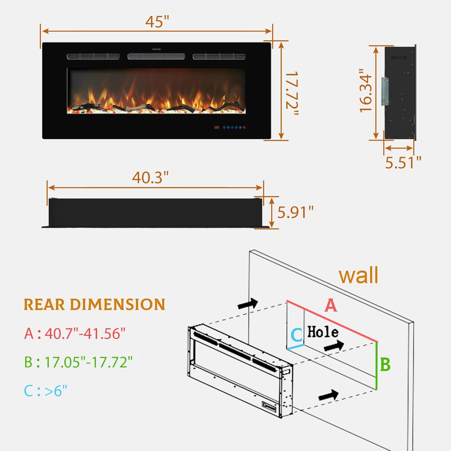 Electric Fireplace Insert - 3 Flame Colors, 750W/1500W, Timer, Black - Kentsky