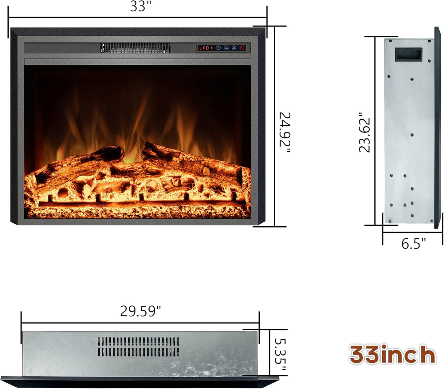 Electric Fireplace Insert - 3 Flame Colors, 750W/1500W, Timer, Black - Kentsky