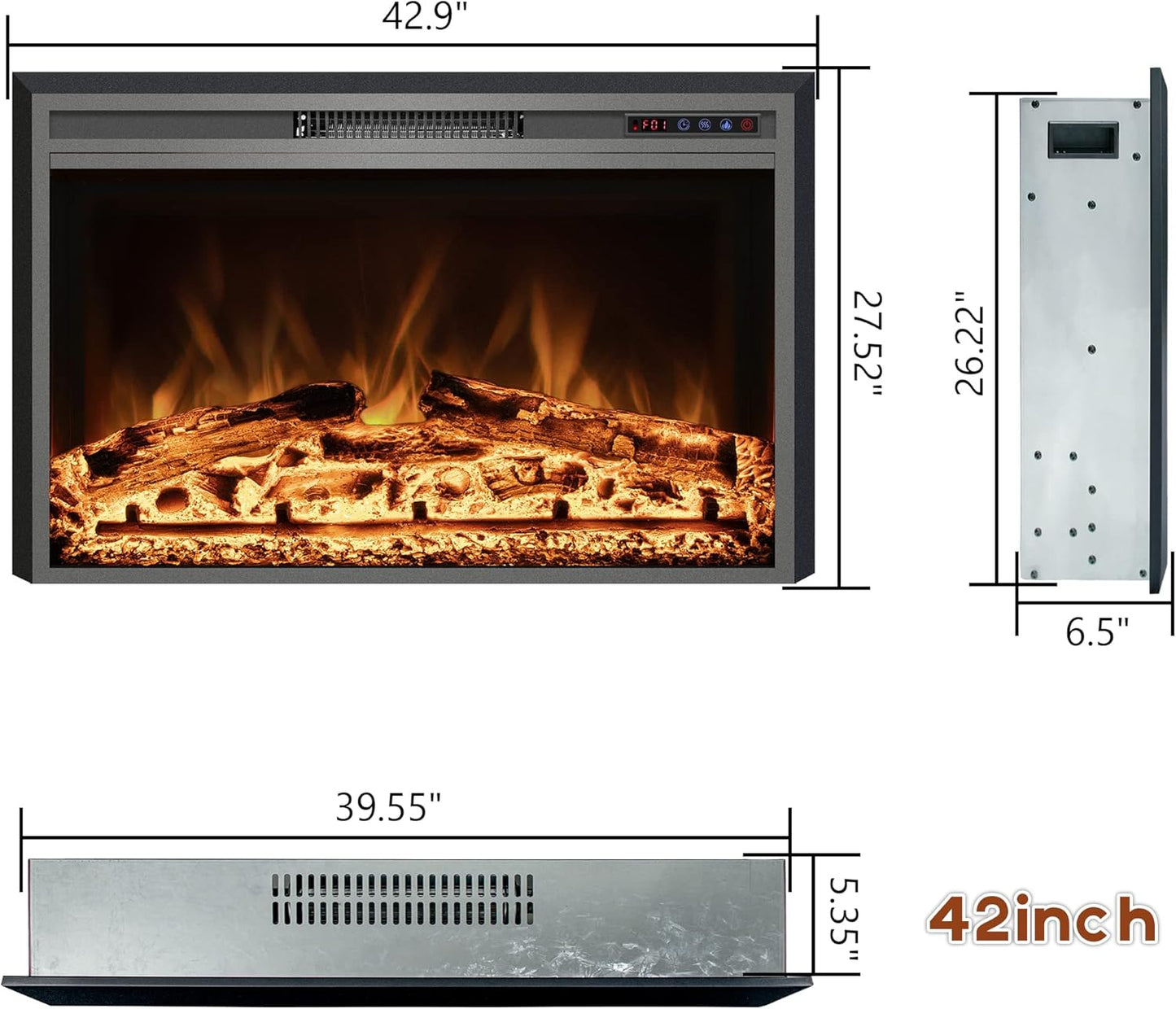 Electric Fireplace Insert - 3 Flame Colors, 750W/1500W, Timer, Black - Kentsky