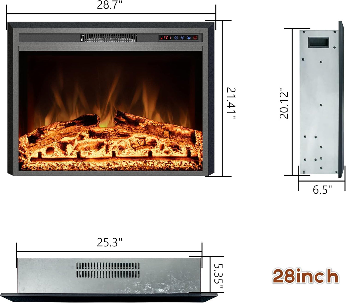 Electric Fireplace Insert - 3 Flame Colors, 750W/1500W, Timer, Black - Kentsky