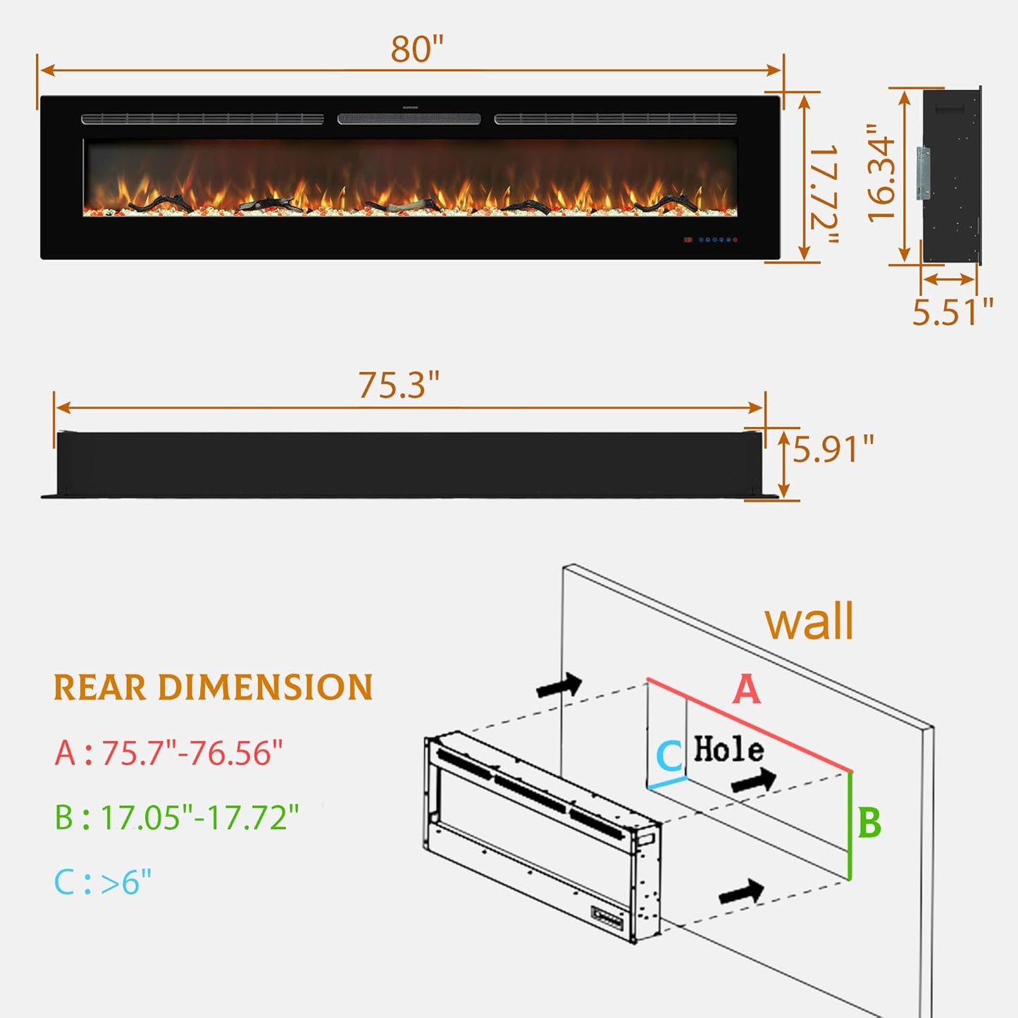 Electric Fireplace Insert - 3 Flame Colors, 750W/1500W, Timer, Black - Kentsky