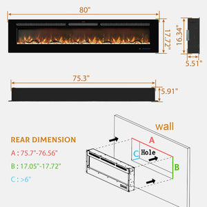 Electric Fireplace Insert - 3 Flame Colors, 750W/1500W, Timer, Black - Kentsky