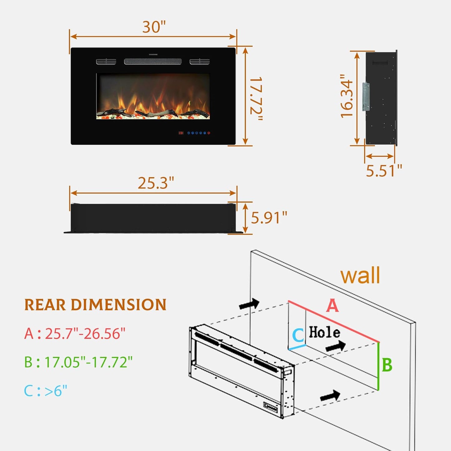 Electric Fireplace Insert - 3 Flame Colors, 750W/1500W, Timer, Black - Kentsky