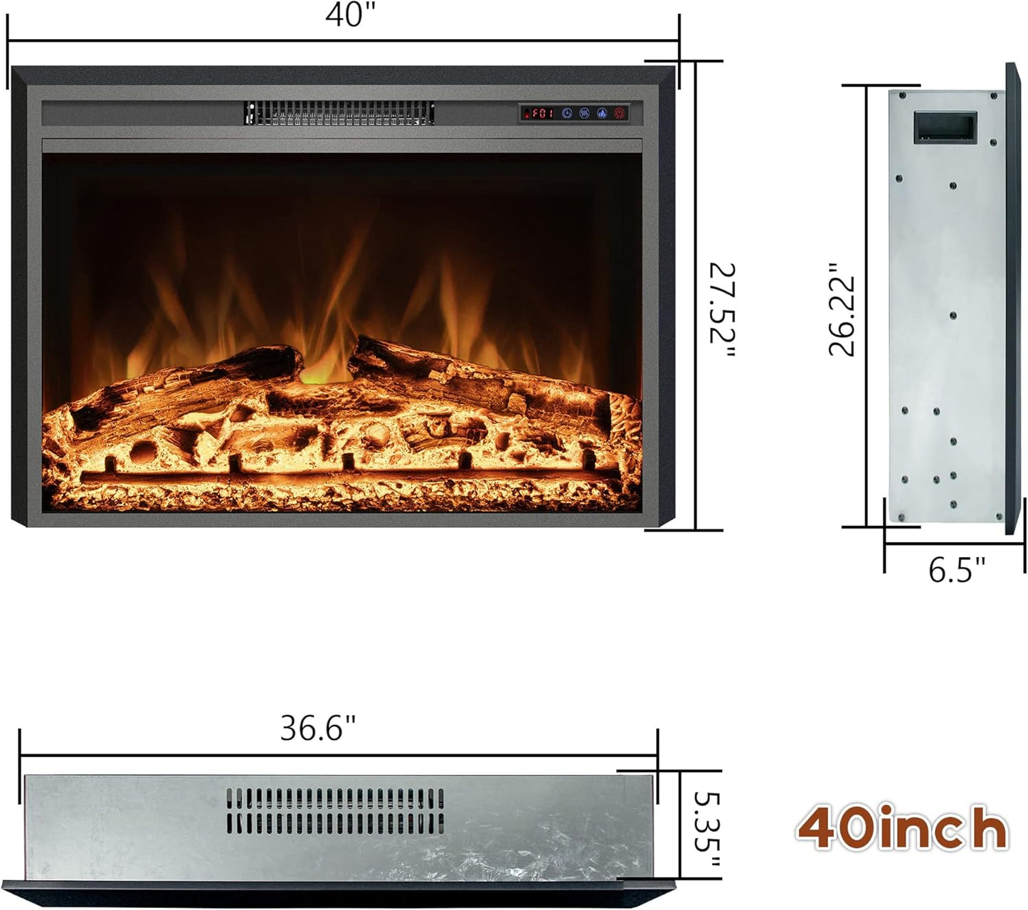 Electric Fireplace Insert - 3 Flame Colors, 750W/1500W, Timer, Black - Kentsky