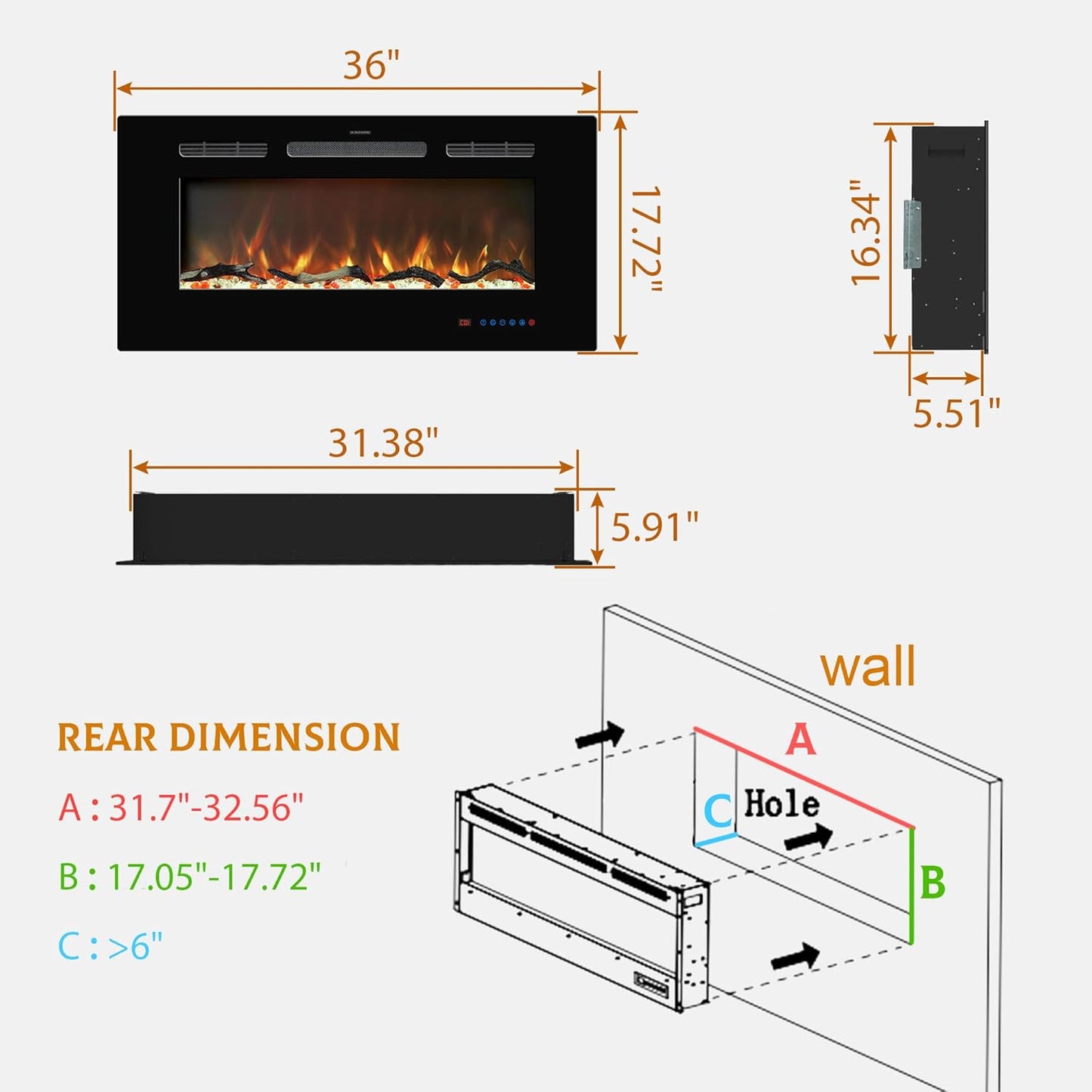 Electric Fireplace Insert - 3 Flame Colors, 750W/1500W, Timer, Black - Kentsky