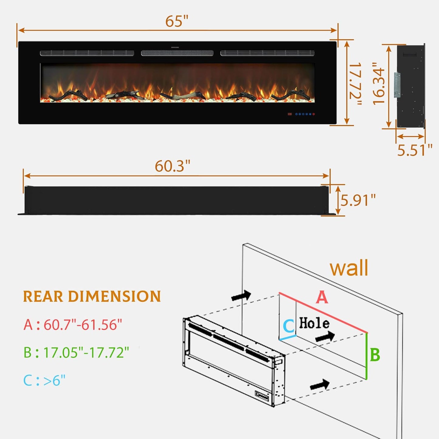 Electric Fireplace Insert - 3 Flame Colors, 750W/1500W, Timer, Black - Kentsky
