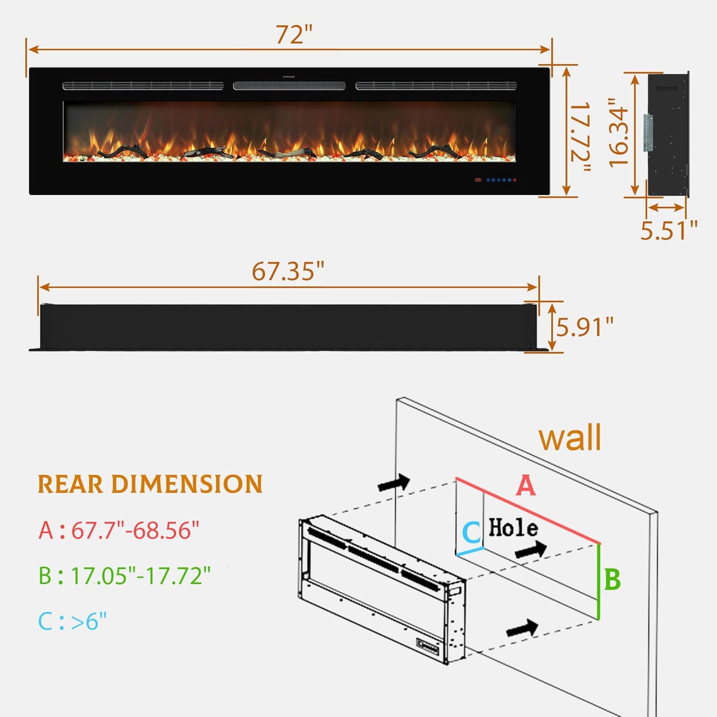 Electric Fireplace Insert - 3 Flame Colors, 750W/1500W, Timer, Black - Kentsky