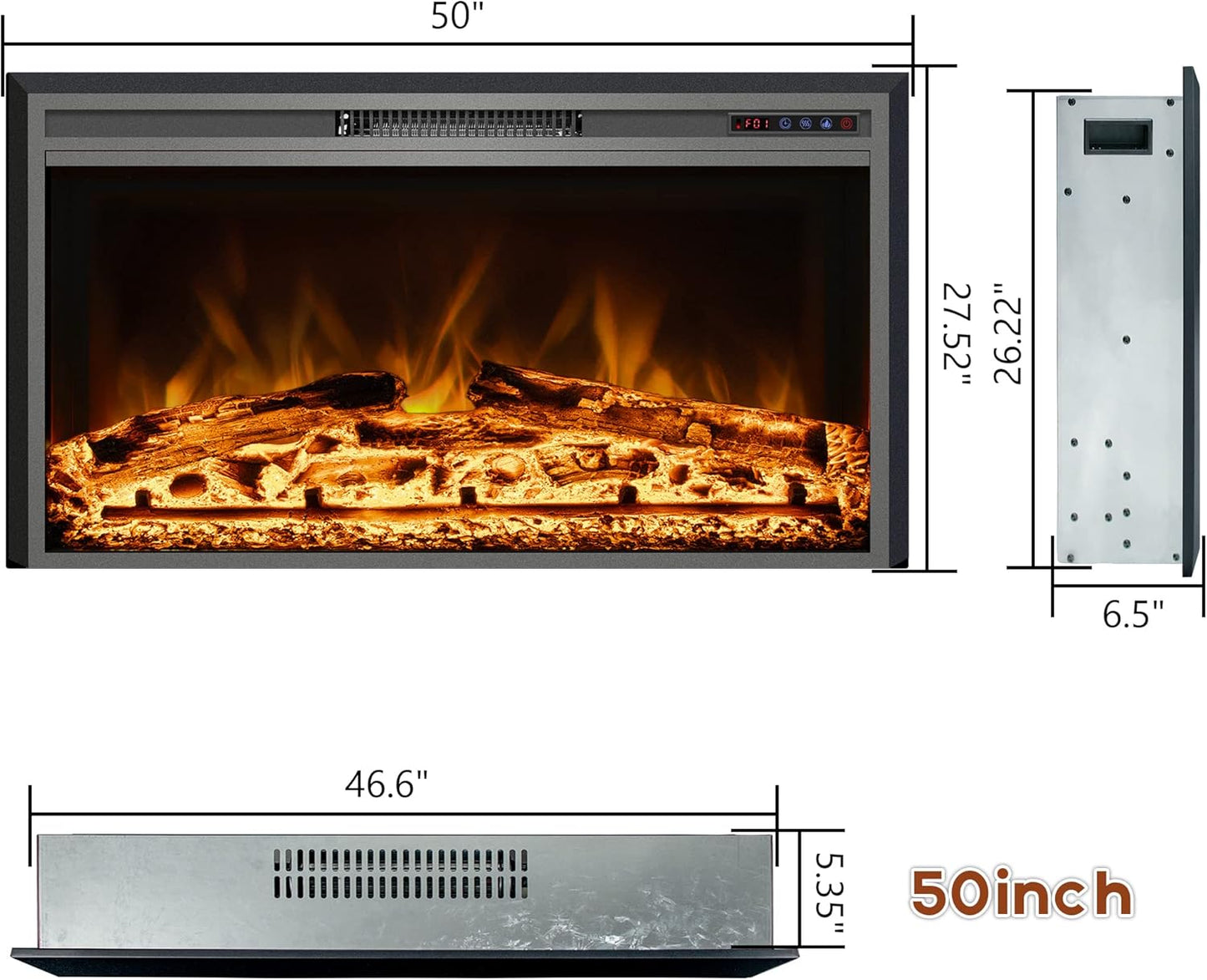 Electric Fireplace Insert - 3 Flame Colors, 750W/1500W, Timer, Black - Kentsky