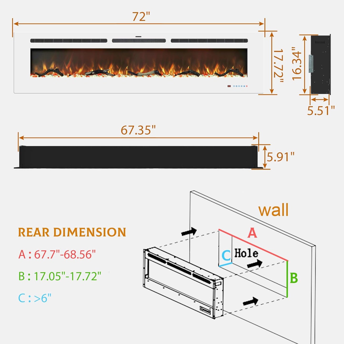 Electric Fireplace Insert - 3 Flame Colors, 750W/1500W, Timer, Black/White/Gray - Kentsky