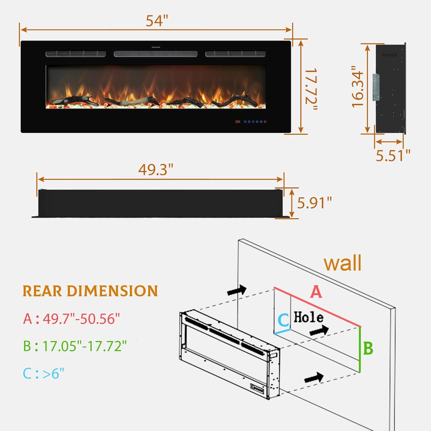 Electric Fireplace Insert - 3 Flame Colors, 750W/1500W, Timer, Black/White/Gray - Kentsky