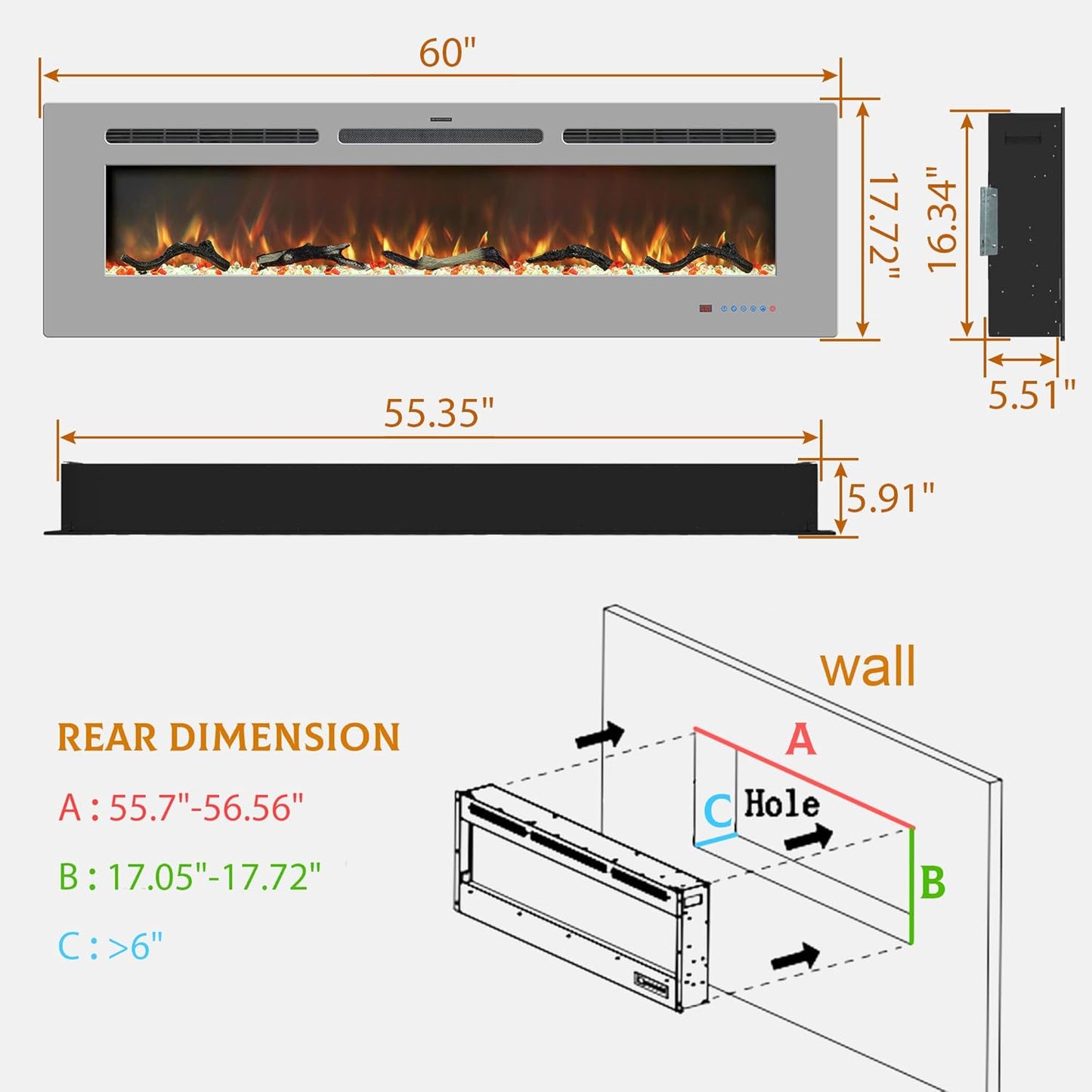 Electric Fireplace Insert - 3 Flame Colors, 750W/1500W, Timer, Black/White/Gray - Kentsky