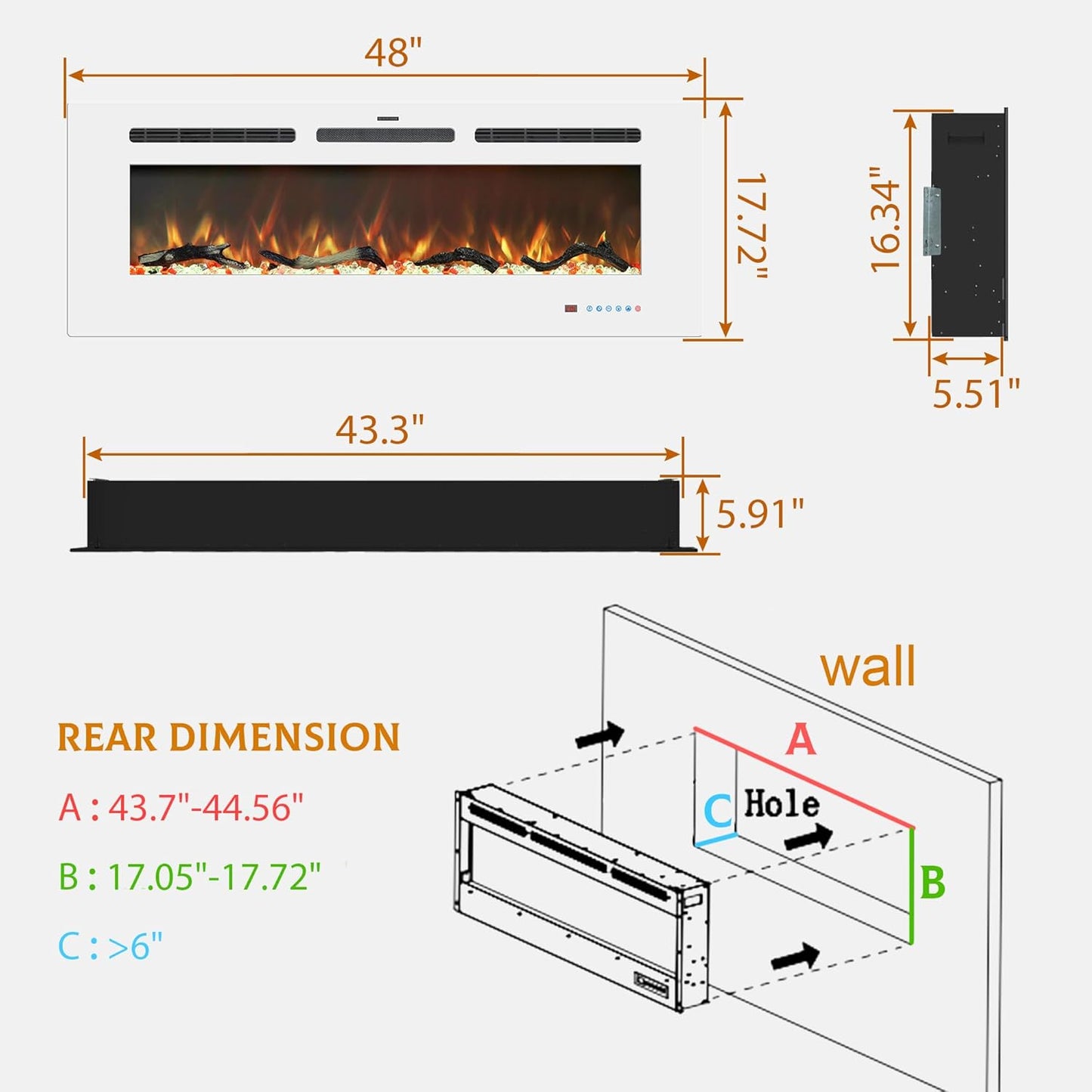 Electric Fireplace Insert - 3 Flame Colors, 750W/1500W, Timer, Black/White/Gray - Kentsky