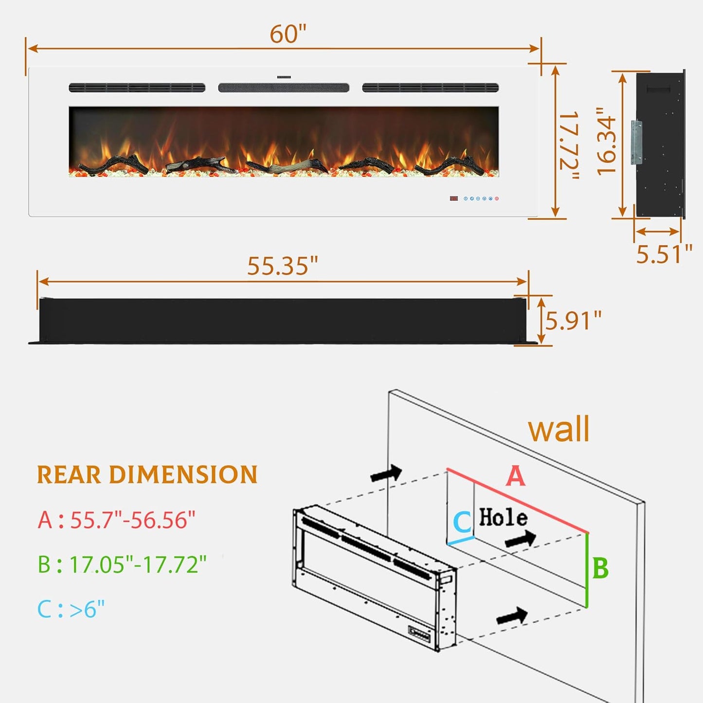 Electric Fireplace Insert - 3 Flame Colors, 750W/1500W, Timer, Black/White/Gray - Kentsky