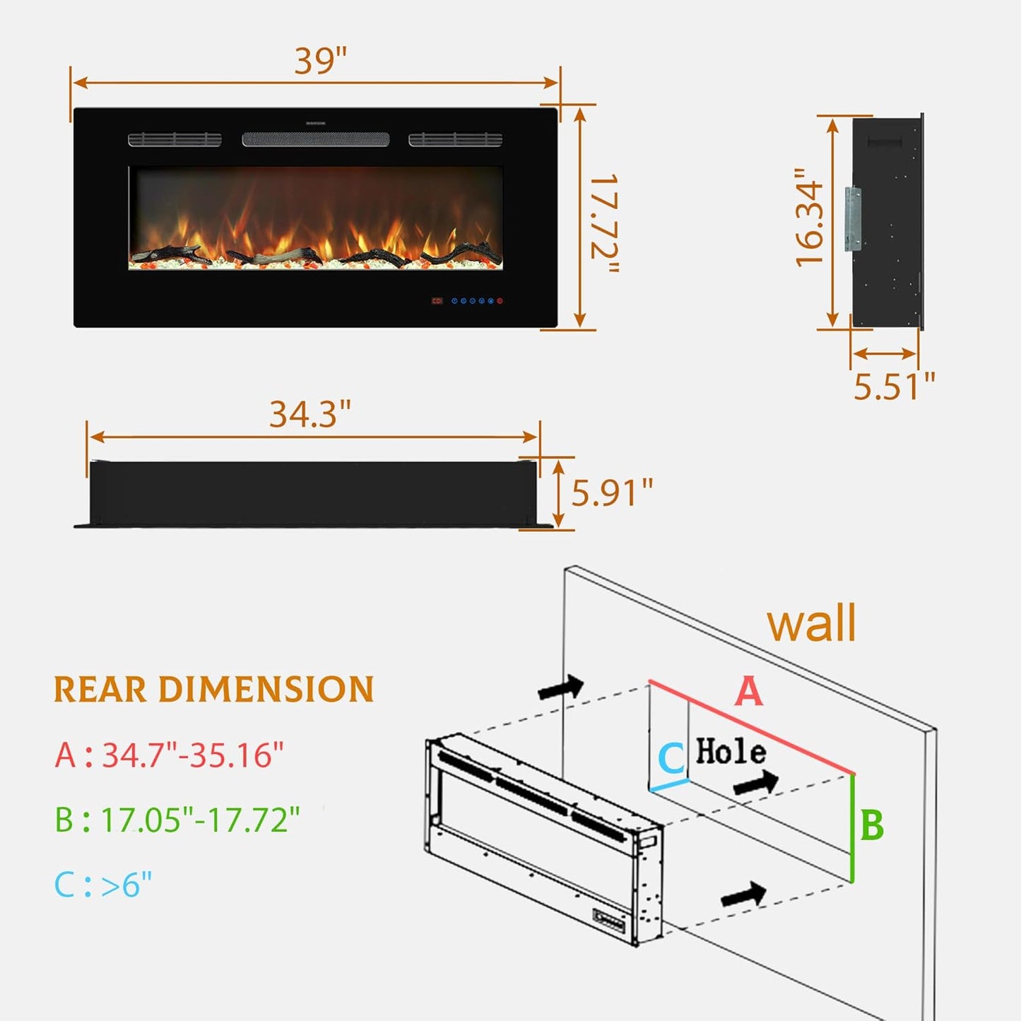 Electric Fireplace Insert - 3 Flame Colors, 750W/1500W, Timer, Black/White/Gray - Kentsky