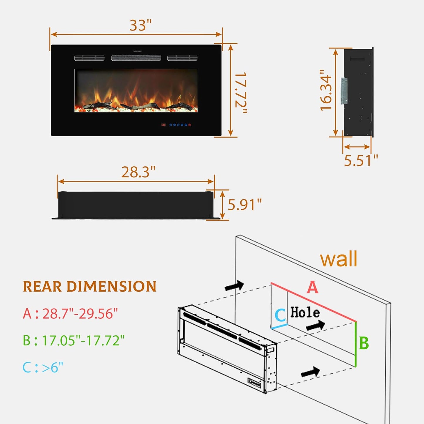 Electric Fireplace Insert - 3 Flame Colors, 750W/1500W, Timer, Black/White/Gray - Kentsky