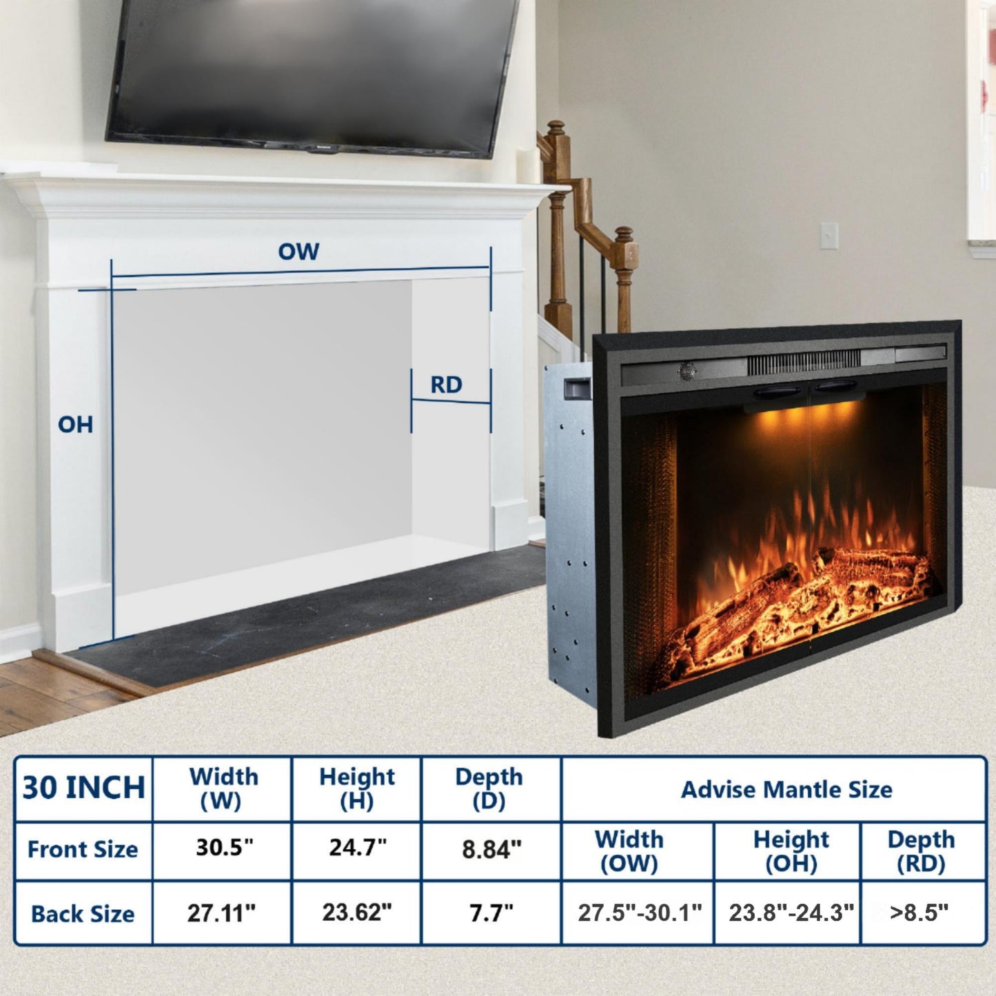 Electric Fireplace Insert with Top Light, Fire Sound, Glass Door & Mesh Screen - Kentsky