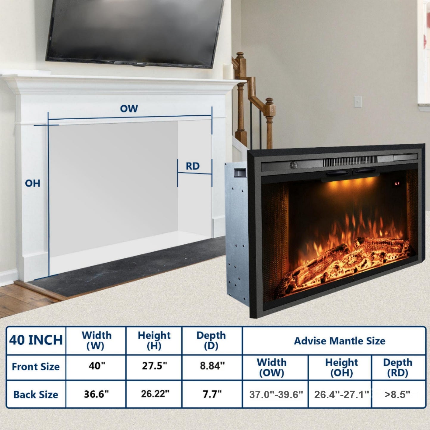 Electric Fireplace Insert with Top Light, Fire Sound, Glass Door & Mesh Screen - Kentsky