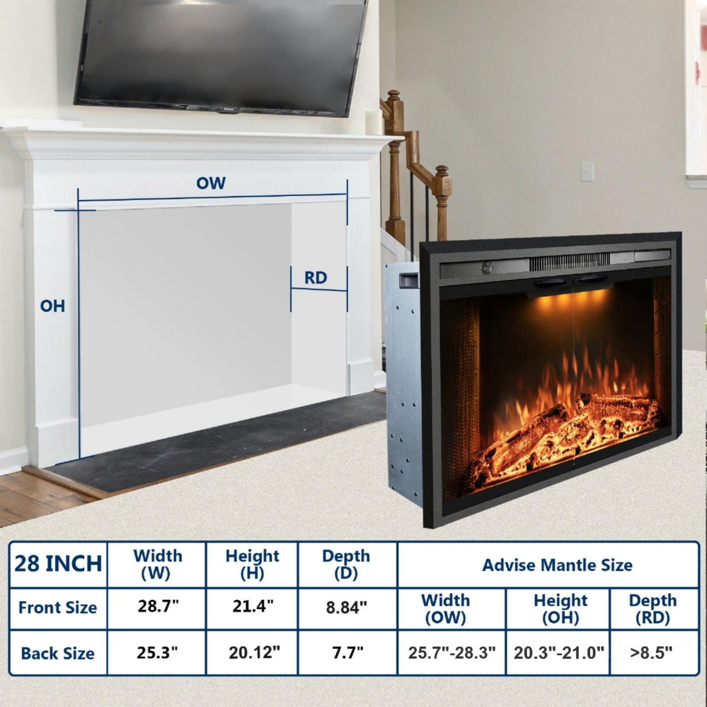 Electric Fireplace Insert with Top Light, Fire Sound, Glass Door & Mesh Screen - Kentsky