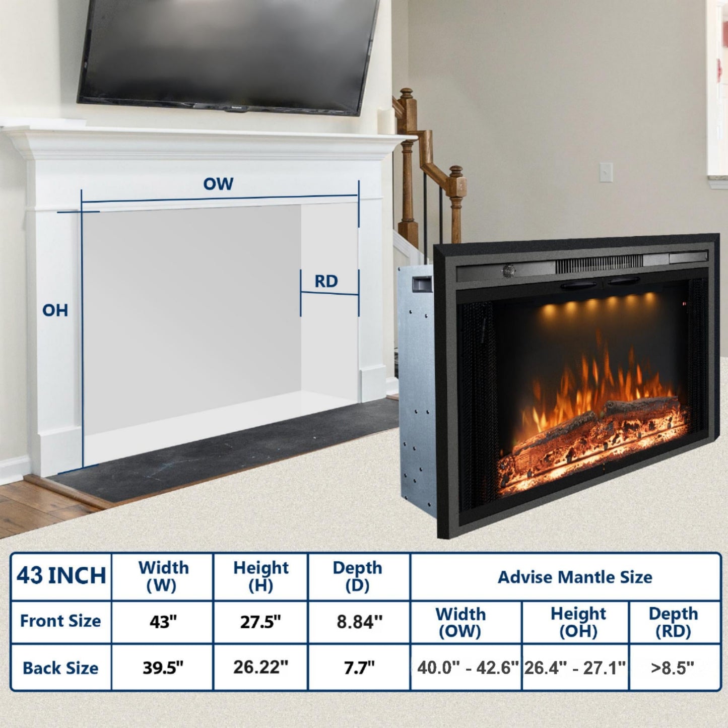 Electric Fireplace Insert with Top Light, Fire Sound, Glass Door & Mesh Screen - Kentsky