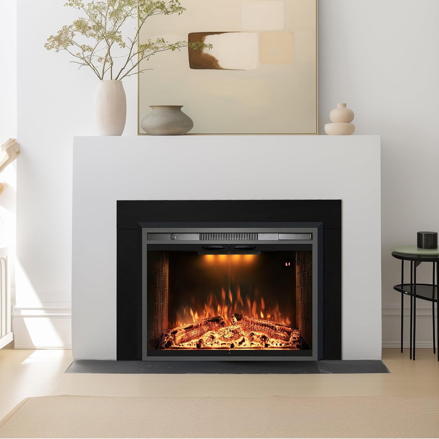 Electric Fireplace Insert with Top Light, Fire Sound, Glass Door & Mesh Screen - Kentsky