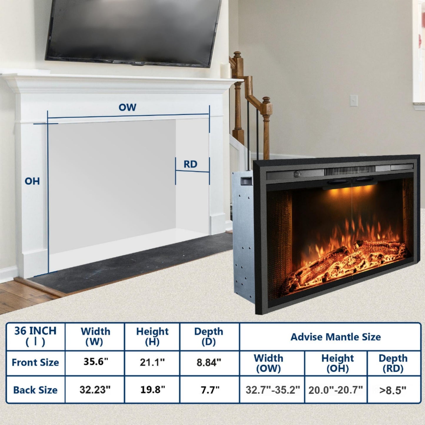 Electric Fireplace Insert with Top Light, Fire Sound, Glass Door & Mesh Screen - Kentsky