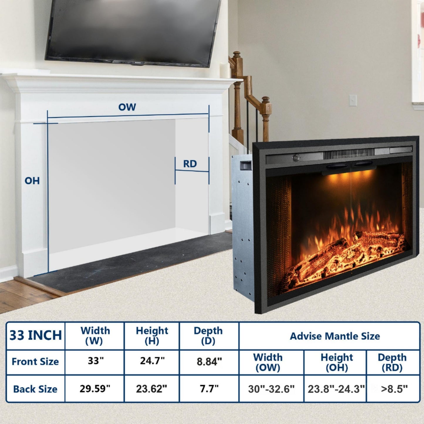 Electric Fireplace Insert with Top Light, Fire Sound, Glass Door & Mesh Screen - Kentsky